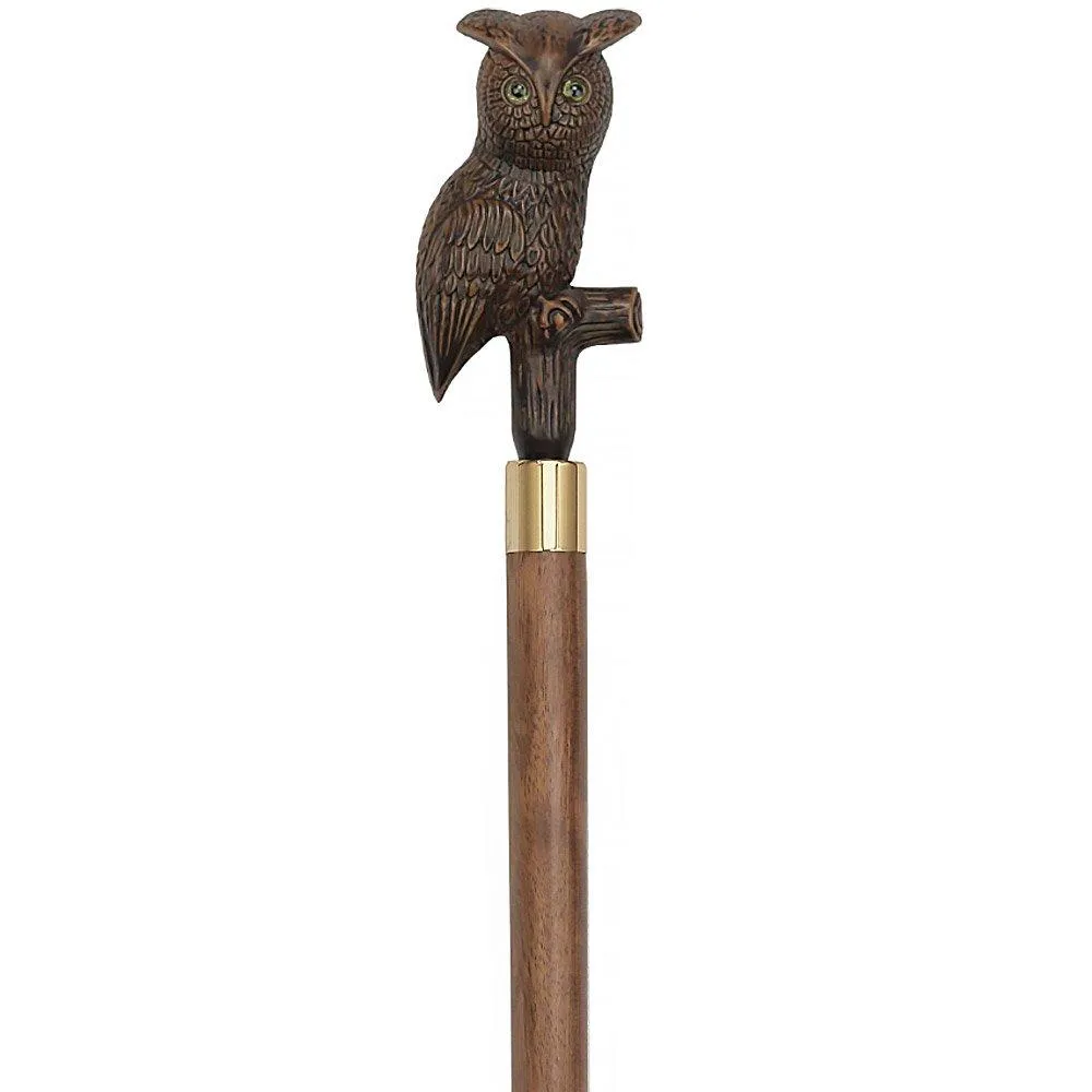 Brown Perched Owl Imitation Wood Handle Cane - Italian Handle w/Custom Shaft and Collar