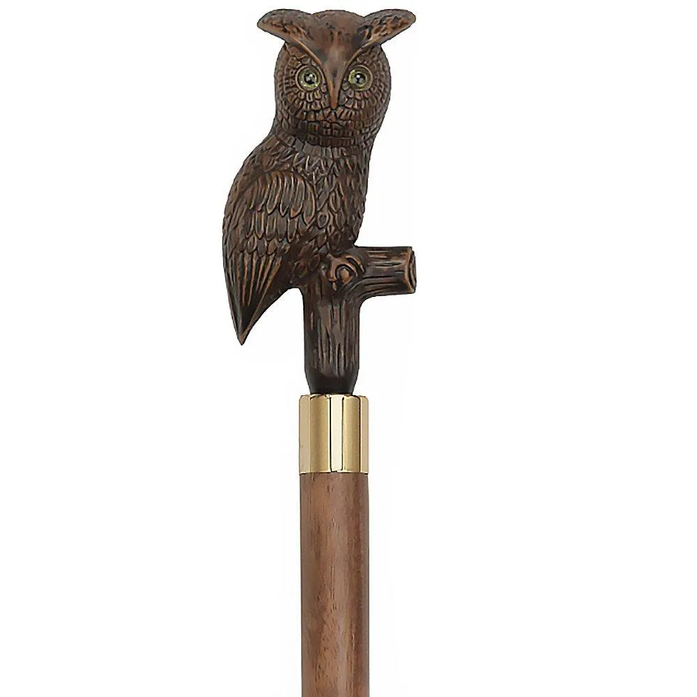 Brown Perched Owl Imitation Wood Handle Cane - Italian Handle w/Custom Shaft and Collar