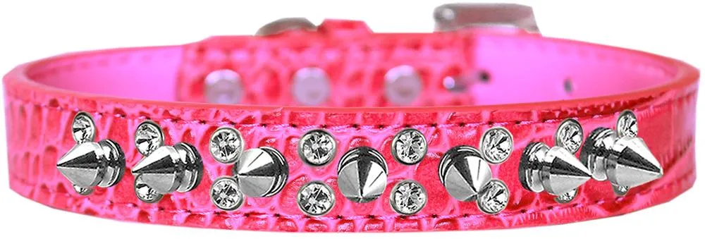 Double Crystal And Spike Croc Dog Collar Bright Pink Size 18