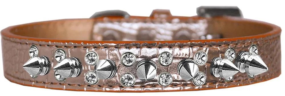 Double Crystal And Spike Croc Dog Collar Copper Size 18