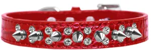 Double Crystal And Spike Croc Dog Collar Red Size 16