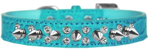 Double Crystal And Spike Croc Dog Collar Turquoise Size 12