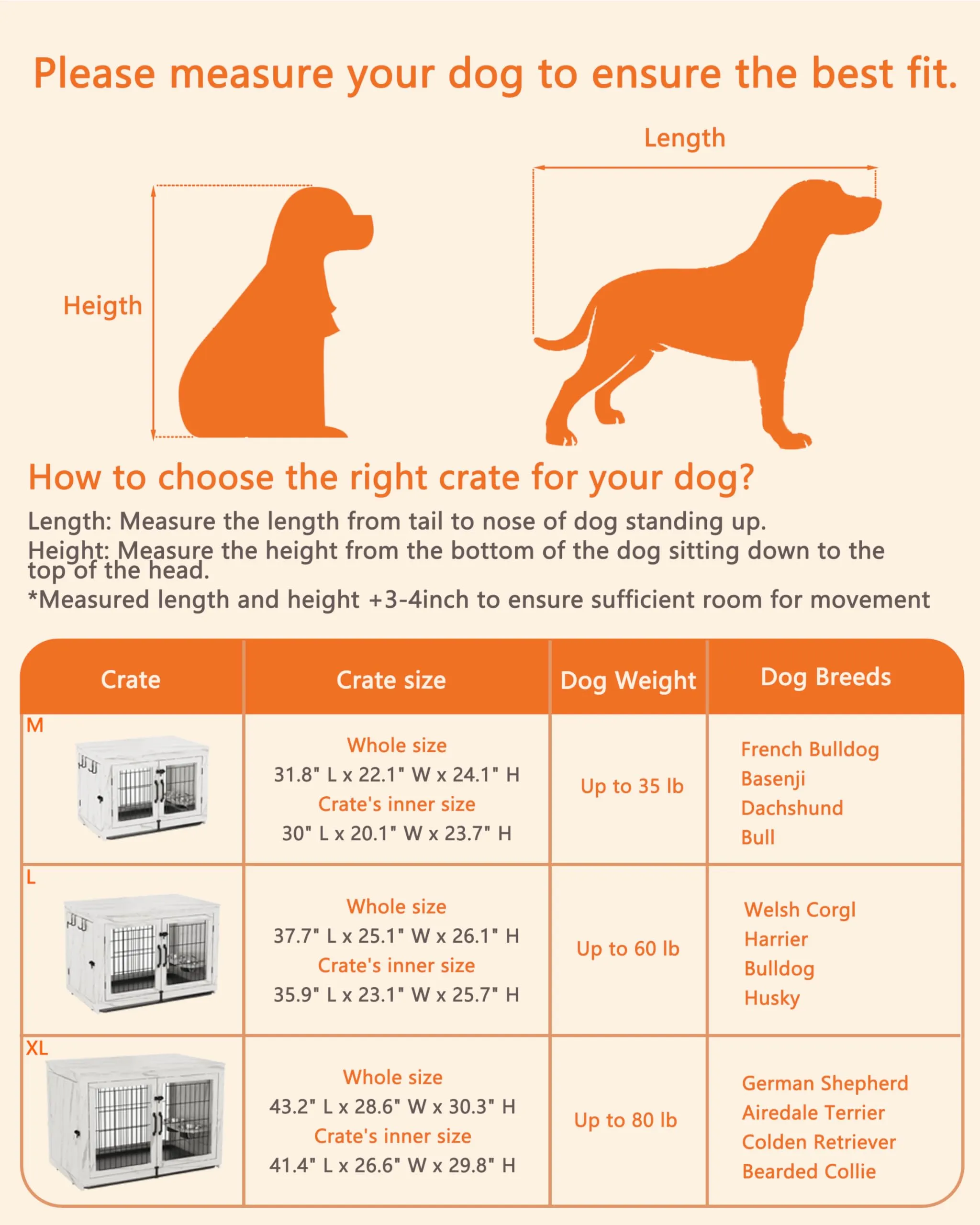 Piskyet Wooden Dog Crate Furniture with 360°Rotatable Removable Dog Bowls, Dog Crate End Table with Tray, Double Doors Dog Kennels forDogs(L:37.7" L*25.1" W*26.1" H, Marble White)