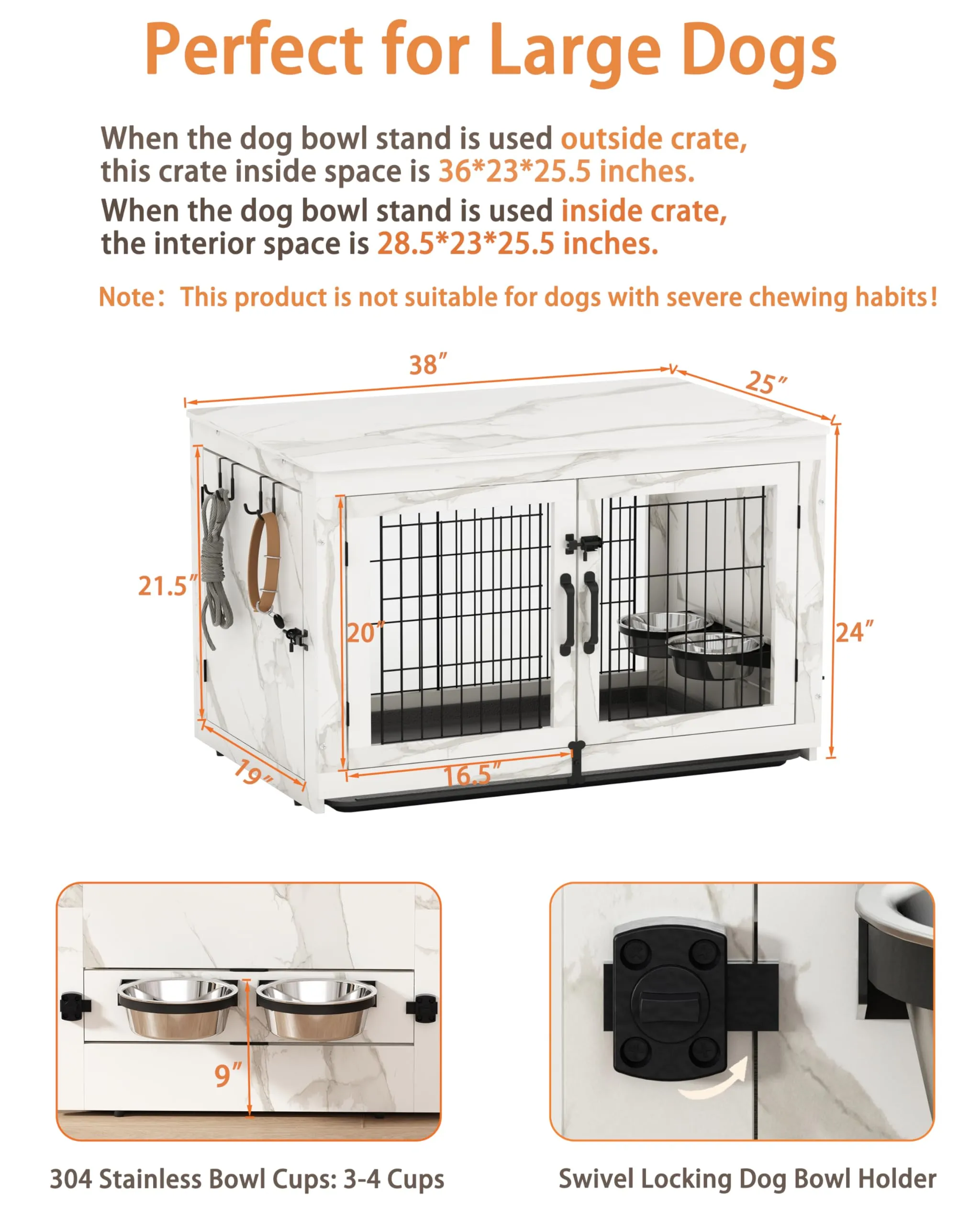 Piskyet Wooden Dog Crate Furniture with 360°Rotatable Removable Dog Bowls, Dog Crate End Table with Tray, Double Doors Dog Kennels forDogs(L:37.7" L*25.1" W*26.1" H, Marble White)