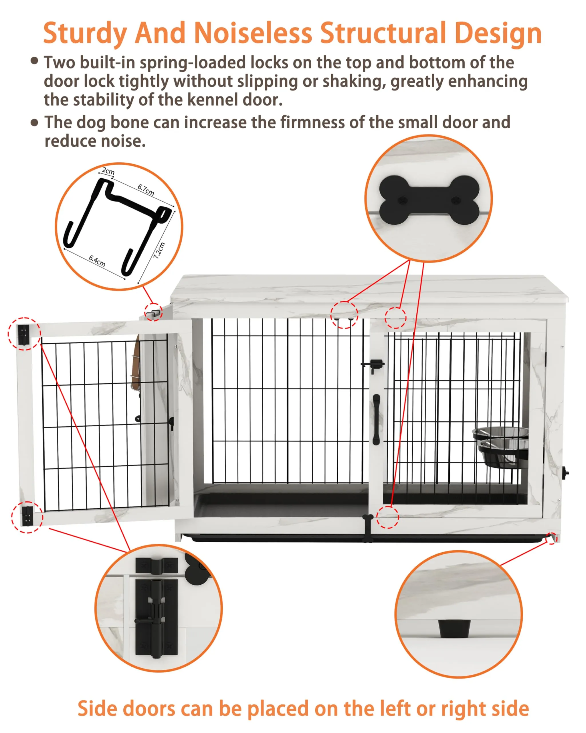 Piskyet Wooden Dog Crate Furniture with 360°Rotatable Removable Dog Bowls, Dog Crate End Table with Tray, Double Doors Dog Kennels forDogs(L:37.7" L*25.1" W*26.1" H, Marble White)