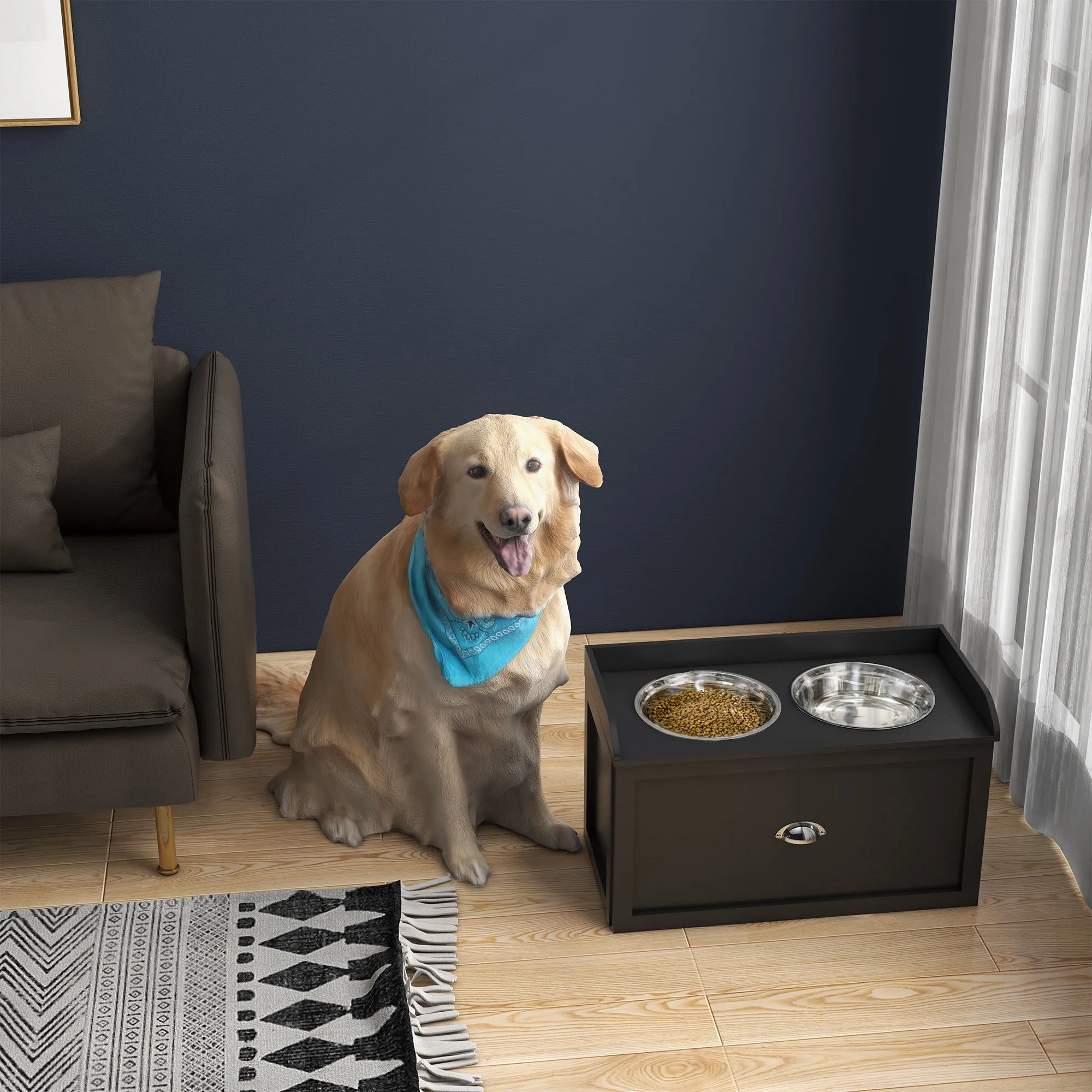 Stainless Steel Raised Dog Bowls, with 21L Storage Drawer for Large Dogs and Cats - Black